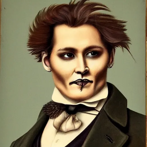 Prompt: old victorian style portrait of johnny depp with a powdered wig and ruffled shirt