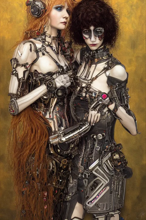 Image similar to portrait of two beautiful young gothic cyborg maidens, cyberpunk, Warhammer, kiss, highly detailed, artstation, illustration, art by Gustav Klimt