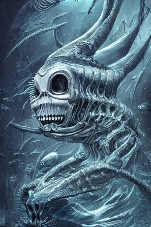 Prompt: elon musk as a scary sea creature, elon musk, photorealistic, cinematic lighting, highly detailed, very intricate, by hr giger