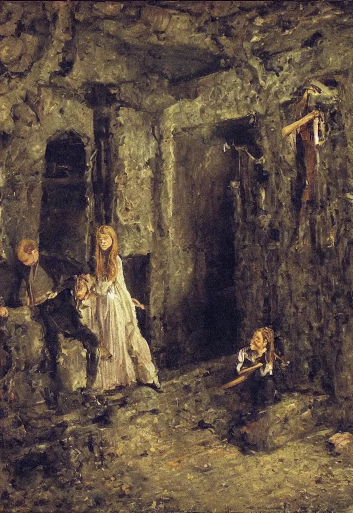 Prompt: tzar and tzarina are killed with magic happens in an underground celler, oil on canvas, painting by ilstead and levitan, russia