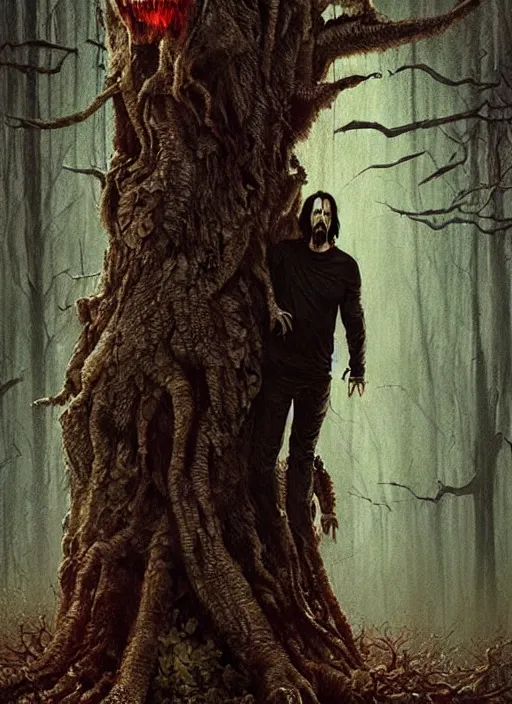 Prompt: highly detailed horror movie poster with angry creepy keanu reeves as a tree, keanu reeves faces in the bark of many trees sentient leafy catastrophe by greg rutkowski, masterpiece, really funny, 1 0 / 1 0 creepy