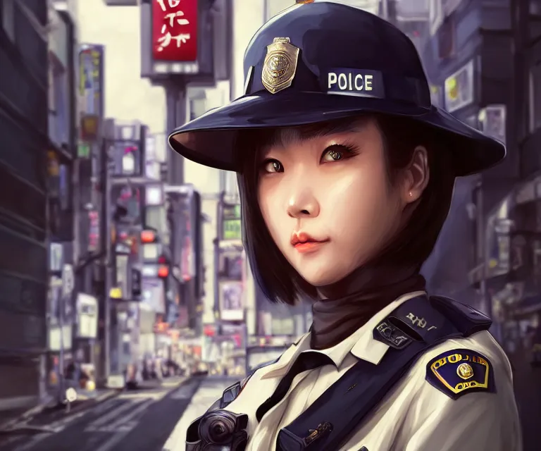 Prompt: police officer in tokyo by artgerm, intricate, face, symmetrical eyes, japanese akihabara street cityscape, elegant, beautiful, highly detailed, dramatic lighting, sharp focus, trending on artstation, artstationhd, artstationhq, unreal engine, 4 k, 8 k