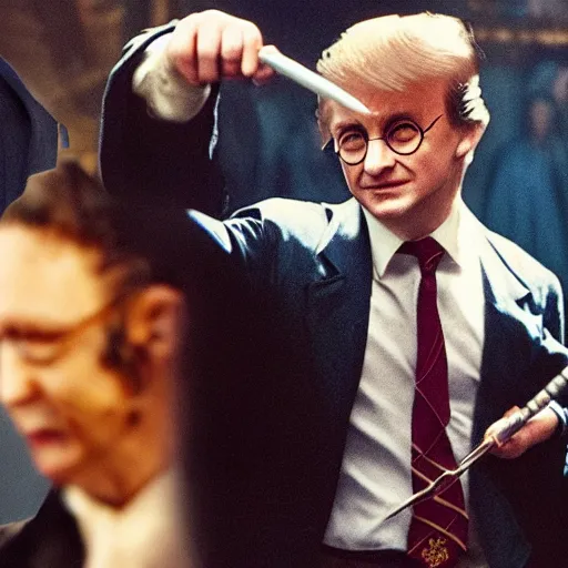 Image similar to harry potter using his magic wand to remove donald trump's suit, realistic photo.