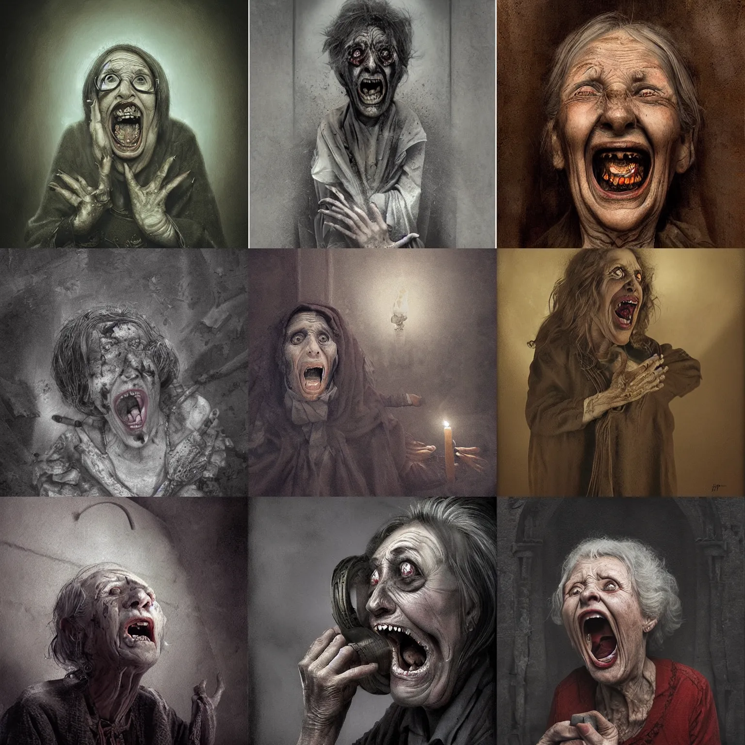 Prompt: portrait of a creepy old lady screaming, morbid, macabre, dark lighting, highly detailed, matte painting by maxim verehin