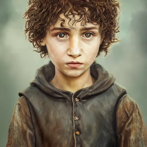 Image similar to a detailed portrait of a medieval ten year old boy, he has short curly brown hair, brown eyes and white skin, fantasy art illustration, incredibly highly detailed and realistic, 8 k, sharp focus