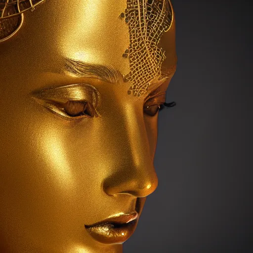 Image similar to epic deatailed golden statue of a beautiful female, surrounded by intricate gold lace metalwork on a black smokey background, close up face, modern art, trending on Artstation