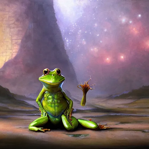 Image similar to long shot of an alien frog, by esao andrews, by m. w. kaluta, by james web telescope, ultra humorous beautiful oil painting, cinematic space scenery, small depth of field, depth perception, volumetric light, rich colors, 3 d octane render, 8 k, conceptart, hyperdetailed, hyperrealistic, trending on artstation