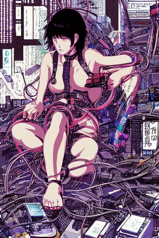 Prompt: cyberpunk anime style illustration of motoko kusanagi seated on the floor, seen from behind with her back open showing a complex mess of cables and wires, by masamune shirow and katsushika hokusai, studio ghibli color scheme