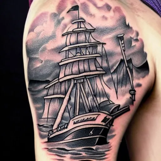 Image similar to A pirate ship tattoo design in the style of Dmitriy Samohin, hyper realistic tattoo