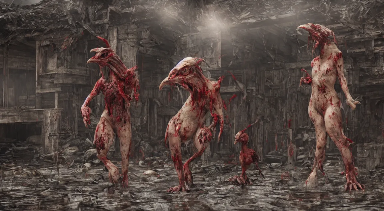 Prompt: a beast with a chicken - head and duck feet but a women's face, standing on a wooden porch over a puddle of blood blood. highly detailed octane render 8 k volumetric lighting painted by akira toriyama