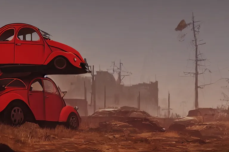 Prompt: red and black citroen 2 cv ( 1 9 6 5 ) driving across the wastelands of fallout 4, dramatic lighting, establishing shot, by simon stalenhag