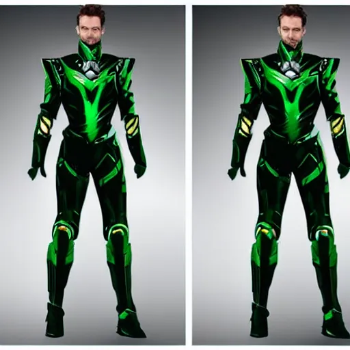 Prompt: realistic mcu full body concept art for a sci fi superhero in green and black armor with a long golden cape with green energy coming from his hands