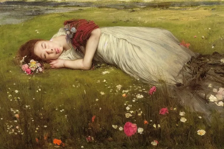 Prompt: sad portrait of a beautiful young girl, drowned, floating in a river full of high green grass and fine flowers with closed eyes, wearing a nicely crafted antique dress, by sir john everett millais, photorealistic, hyperdetailed, ethereal, masterpiece, oil painting