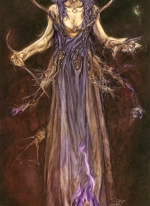 Image similar to portrait of lithe female sorceress of the fey, beautiful! coherent! dungeons and dragons character, by brian froud, strong line, night color, high contrast