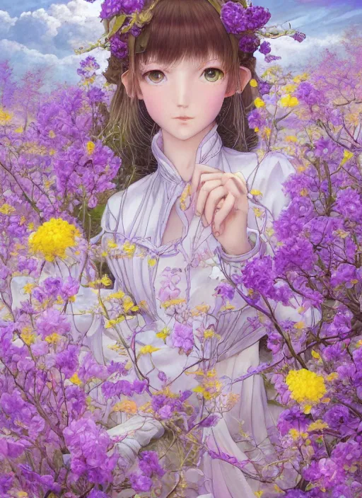 Image similar to elf girl wearing an flower suit, soft hair. light color palate, purple, yellow and white. detailed soft painting, ayami kojima, made in abyss, anatomically correct, ilya kuvshinov, inspired in balthus, high detailed face anime, vogue magazine, glorious composition, mobile wallpaper