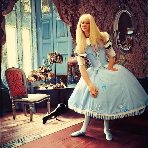 Image similar to alice in the wonderland, chairs, wood floor, blue dress, blonde by cheval michael