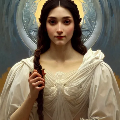 Prompt: portrait of goddess, intricate, elegant, highly detailed, digital painting, artstation, concept art, smooth, sharp focus, illustration, art by artgerm and greg rutkowski and alphonse mucha and william - adolphe bouguereau