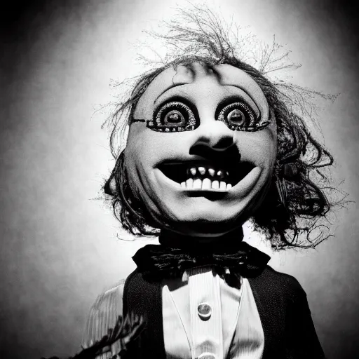 Image similar to A extremely ultra high detailed stunning portrait of a ventriloquist dummy in eraserhead, scary, twisted horrifying, creepy ,ethereal, dramatic lightning, rim light, hyperrealistic, photorealistic, octante render, elegant, cinematic, high textures, hyper sharp, 8k, insanely detailed and intricate, graphic design, cinematic atmosphere, hypermaximalist, hyper realistic, super detailed, 4k HDR hyper realistic high quality