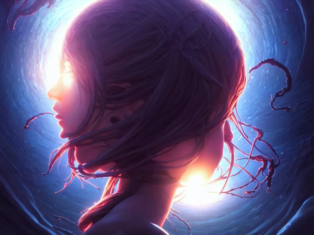 Image similar to azathoth girl save the earth, occlusion shadow, specular reflection, rim light, unreal engine, artgerm, artstation, art by hiroaki samura and ilya kuvshinov and ossdraws, intricate, highly detailed 8 k, cosmic horror illustration, extremely beautiful and aesthetic shape of face and body, movie poster