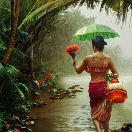 Image similar to monsoon on tropical island, oriental woman, ornate, beautiful, atmosphere, vibe, mist, coconuts, rain, wet, pristine, puddles, melting, dripping, snow, creek, lush, ice, bridge, forest, roses, flowers, by stanley artgerm lau, greg rutkowski, thomas kindkade, alphonse mucha, loish, norman rockwell