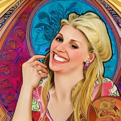 Image similar to portrait of a blonde, happy, laughing, beautiful, danish scrum master. she is looking a you with loving, calm eyes. the background is colorful and inspired by alphonse mucha