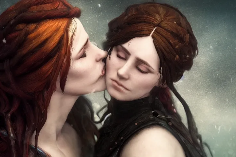 Image similar to yennefer of vengerberg kissing triss merigold. photo - realistic hd, hyperrealism, colourful, highly detailed, cinematic, luminescence, 3 2 k, dop, high contrast, intricate, mystery, epic, fantasy