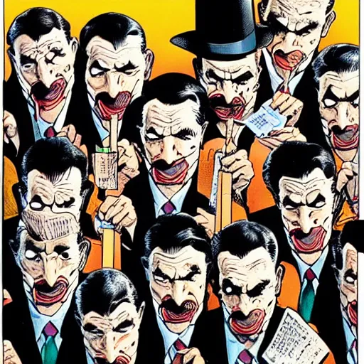 Image similar to drawing of 1 4 tiny jokers all in the mouth of gotham city's finest investigative reporter, 4 k art by brian bolland, graphic novel art