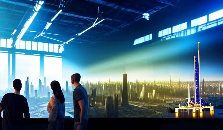 Image similar to group of people in simple warehouse, looking at hologram of futuristic city on a table, cinematic concept art, godrays, golden hour, natural sunlight, 4 k, clear details, tabletop model buildings, center model buildings, hologram center, crane shot, crane shot, crane shot