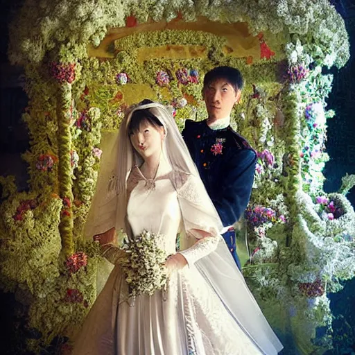 Image similar to A Russian and Japanese mix historical fantasy of a photograph portrait taken of inside a royal wedding floral covered isle inspired by a enchanted ethereal forest, 1907 photo from the official wedding photographer for the royal wedding.