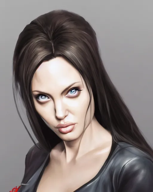 Image similar to capcom character, anime portrait of angelina jolie, highly detailed, digital painting, artstation, character, concept art, smooth