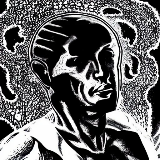 Prompt: humanoid head exploding into waves black and white illustration by alberto breccia