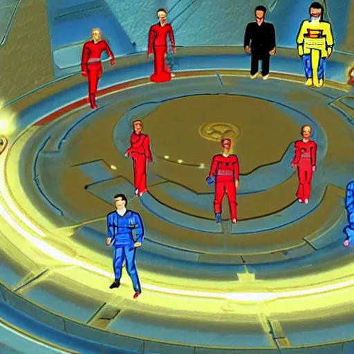 Image similar to screenshot from 1 9 9 0 s point and click star trek game showing a group of characters in red, blue, gold star trek uniforms on an alien planet