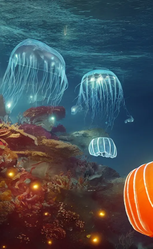 Image similar to giant glowing jellyfish made of fish with a transparent wet shell, watching over a sunken ancient city, photorealistic, 4K detailed post-processing, cinematic light, intricate detail, octane render