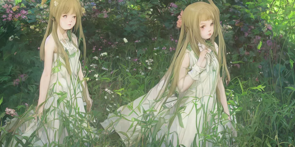 Image similar to a digital art of a loli with long hair in a dress in the privet garden at after noon, green and warm theme, back lighting, by krenz cushart and mucha and akihito yoshida and greg rutkowski and makoto shinkai, extremely long shot, detailed eyes, 4 k resolution, highly detailed, trending on art station