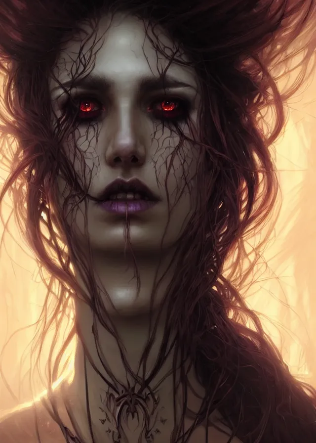 Image similar to Necromancer Sorceress face close-up macro in center, fantasy magic, undercut hairstyle, dark light night, intricate, elegant, sharp focus, illustration, highly detailed, digital painting, concept art, matte, art by WLOP and Artgerm and Greg Rutkowski and Alphonse Mucha, masterpiece