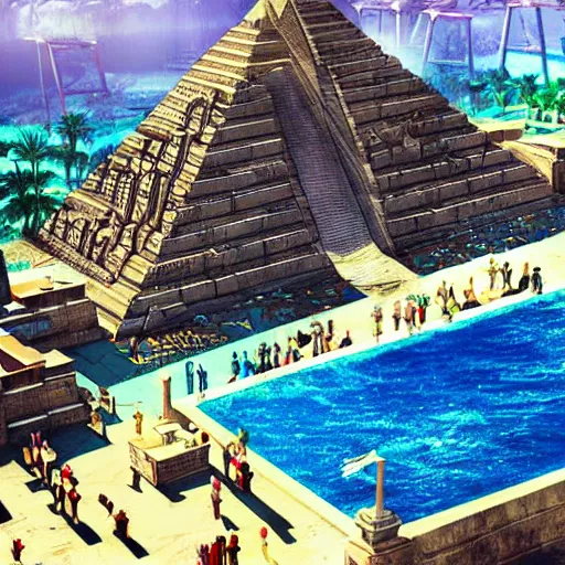 Image similar to ancient egyptian pyramid waterpark with water slides, digital art, epic composition, highly detailed, cinematic lighting