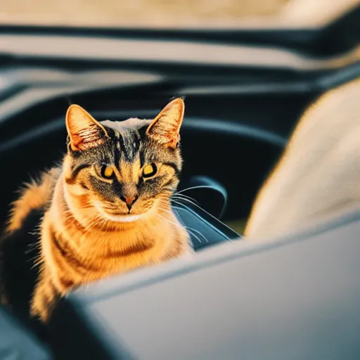 Prompt: cat sitting in driver seat of a cabriolet, paws touching steering wheel, golden hour, top view