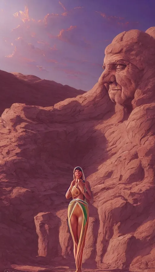 Image similar to giant stone monuments, human statues across the desert, neon, fibonacci, sweat drops, insane, pinup, intricate, highly detailed, digital painting, artstation, concept art, smooth, sharp focus, illustration, Unreal Engine 5, 8K, art by artgerm and greg rutkowski and alphonse mucha