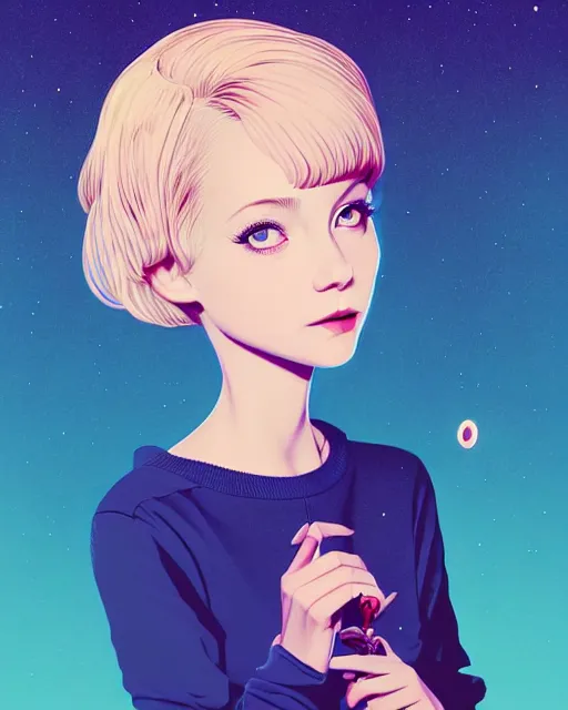 Image similar to digital illustration of pretty girl savrina with short blonde hair wearing a sweater, from alice in wonderland, smoking, in a wonderland forest at night, by ilya kuvshinov, lois van baarle, rossdraws, basquiat