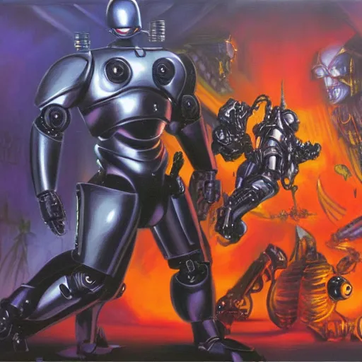 Prompt: robocop fighting demons in the underworld by jeff smith and julie bell, oil painting