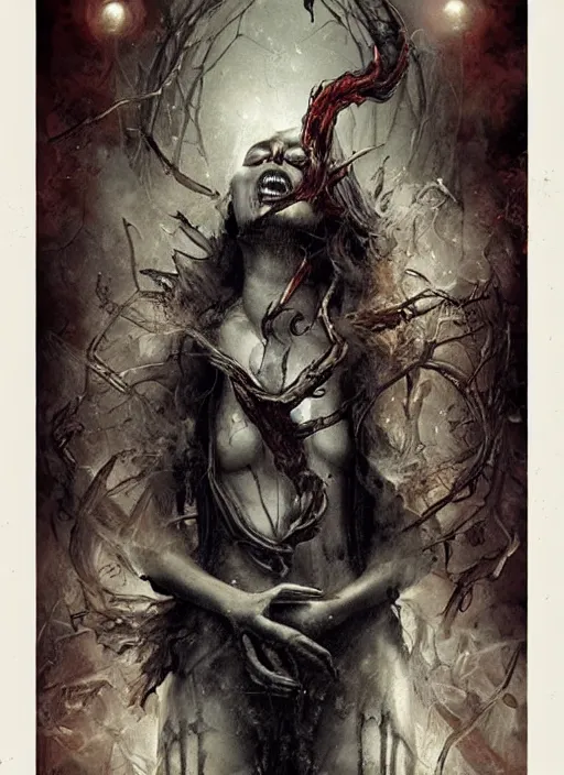 Image similar to a horror tarot card design with intricate details of soul leaving the body in smokes :: bastien lecouffe deharme