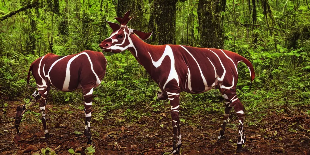 Image similar to an okapi spotted in a rainy, wet, very green congo forest, majestic!!! beautiful!!!, ethereal!!! ultra realistic, golden hour, volumetric lighting, sharp focus
