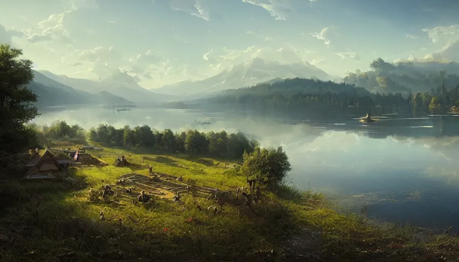 Image similar to portrait of a vast lake with a village surrounded by woodland, highly detailed, sunny, blue sky, cinematic lighting, highly angle, godrays, volumetric, photorealistic, digital art painting by greg rutkowski
