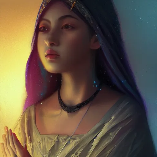 Image similar to Masterpiece portrait of an aesthetic beautiful realistic black haired priestess, 30 years old woman, praying, cinematic light, digital painting by WLOP, atmospheric effects, fireflies, 4K, octane render, artstation, deviantart, close view, dark purple blue tones