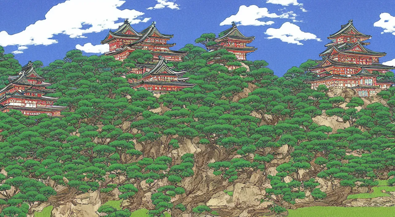 Prompt: a Japanese castle, with a garden as foreground, with mountains as background, by Studio Ghibli