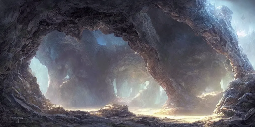 Image similar to beautiful matte painting of a fantasy cave entrance