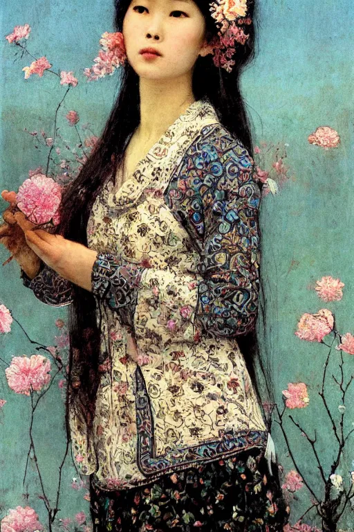 Image similar to close - up fashion asian woman portrait airy flowers sacura cloudy sky art by vasnetsov