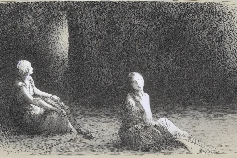 Prompt: black and white, young french woman sitting in the park at midnight, Gustave Dore lithography