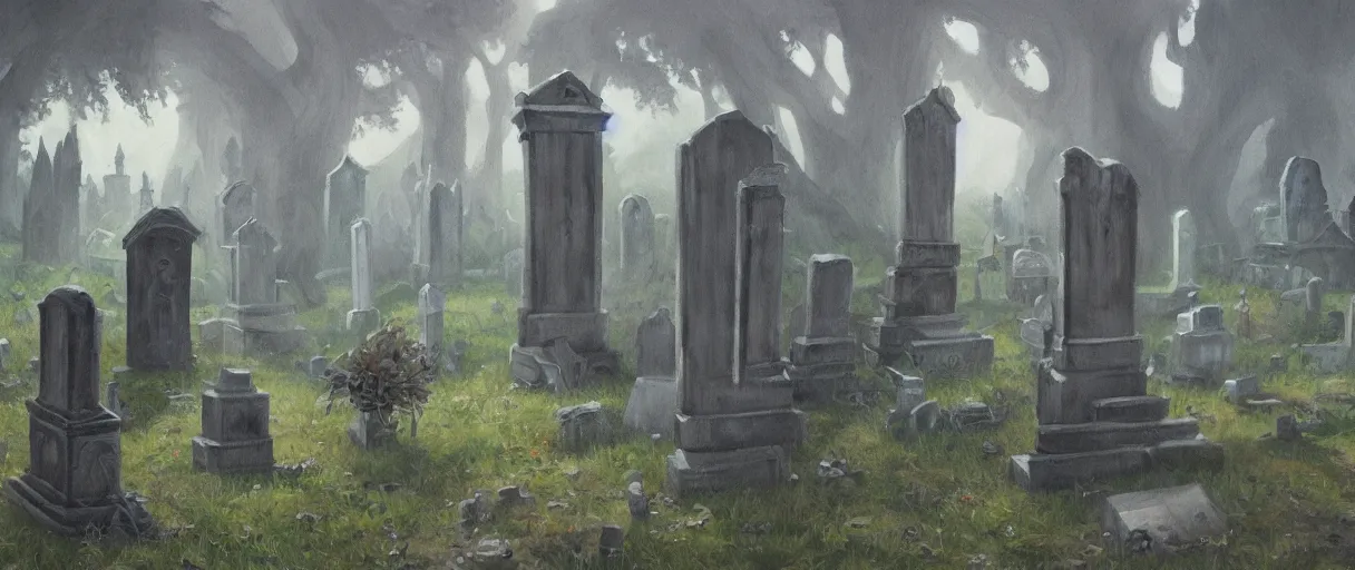 Image similar to dnd environment illustration, oil on canvas : : cemetary with crystal statues