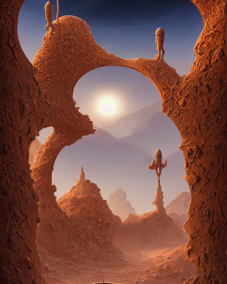 Image similar to a surreal islamic style ornamental gate in the desert opens into an other dimension with different alien landscape. by vincent di fate and james jean. ornament, intarsia, portal, doorway, dynamic lighting, ambient lighting, atmospherical, photorealistic fantasy concept art, trending on art station, stunning visuals, creative, cinematic, ultra detailed